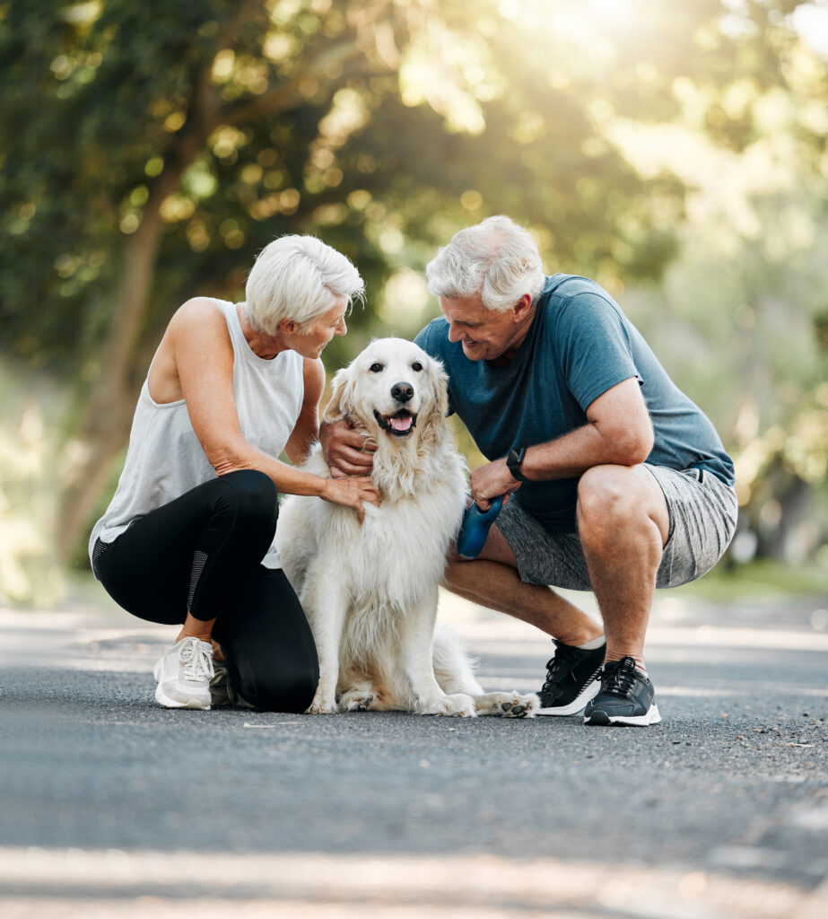 Older couple exercising with a dog